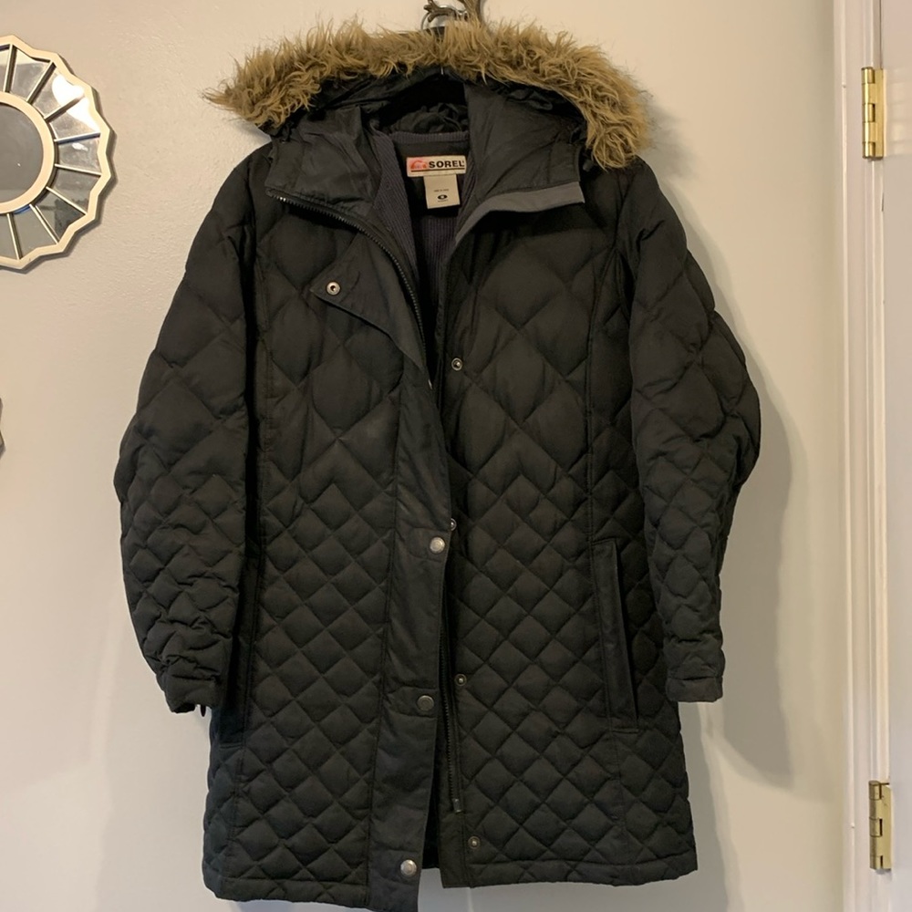 Long Quilted Down Filled Coat with Faux Fur lined hood